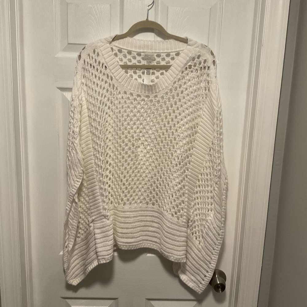 Zynergy by Chico’s White Crochet Knit Half Sleeve Sheer Pullover Poncho Size S/M